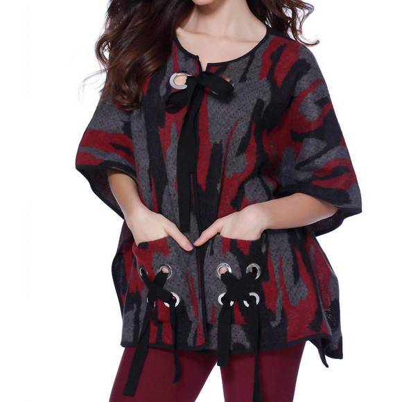 NEW FRENCH KYSS ryder lace up poncho in wine - Picture 1 of 3